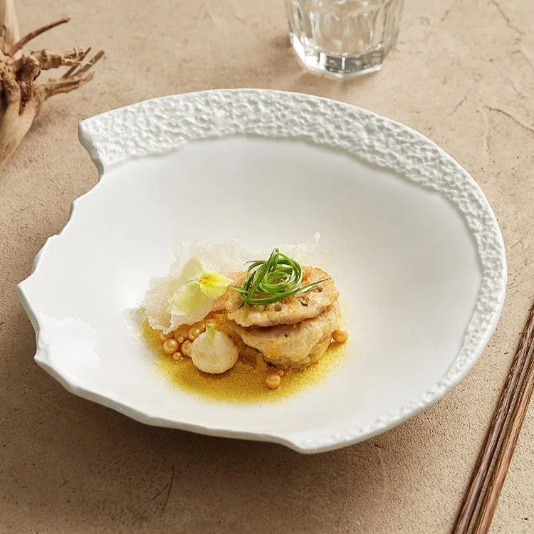 Asymmetric White Textured Ceramic Plate for Fine Dining