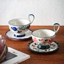 Botanical Ceramic Coffee Cup and Saucer, Pedestal, Loop Handle