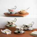 Botanical Ceramic Coffee Cup and Saucer, Pedestal, Loop Handle
