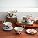 Botanical Ceramic Coffee Cup and Saucer, Pedestal, Loop Handle