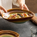 Brown and Green Glaze Oval Pasta Bowl