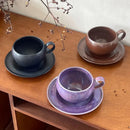 Ceramic Coffee Cup and Saucer, Round, Double Loop Handle