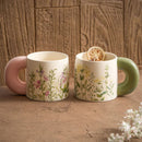 Ceramic Mug, Floral Design with Green Handle, for Coffee and Tea