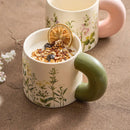 Ceramic Mug, Floral Design with Green Handle, for Coffee and Tea