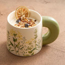 Ceramic Mug, Floral Design with Green Handle, for Coffee and Tea