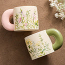 Ceramic Mug, Floral Design with Green Handle, for Coffee and Tea