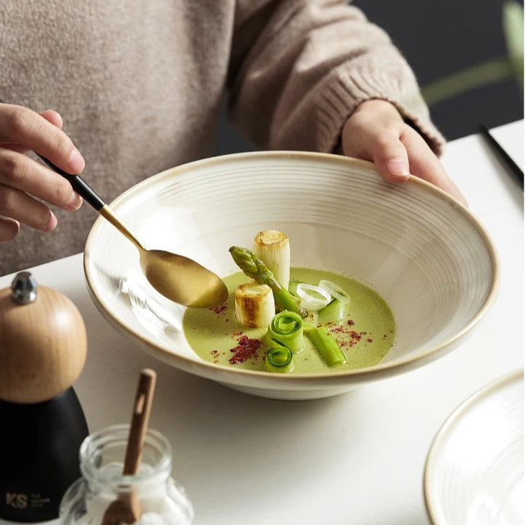 Cream Ribbed Ceramic Bowl for Pasta and Soup