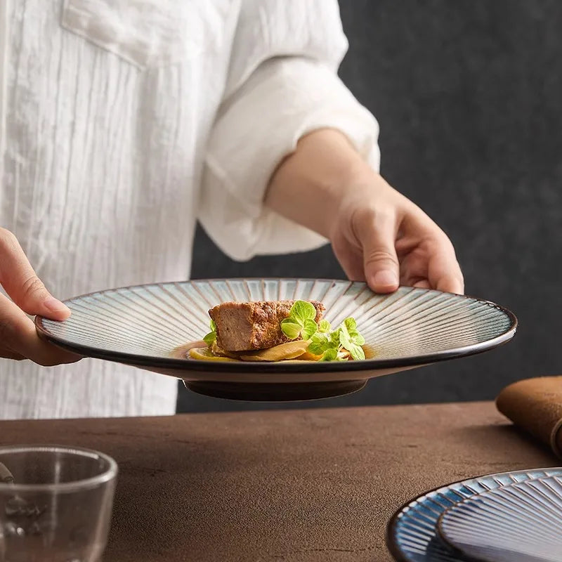 Deep Radial Textured Ceramic Plate for Elegant Dining
