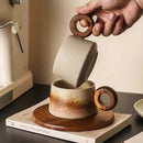 Earth Tone Ceramic Coffee Mug, Round Wooden Handle