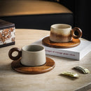 Earth Tone Ceramic Coffee Mug, Round Wooden Handle