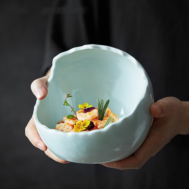 Egg-Shaped Ceramic Bowl with Asymmetrical Rim