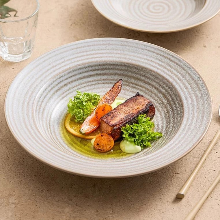 Plate With Ridges Elegant Gray Ceramic Dish with Stylish Textured Ridges