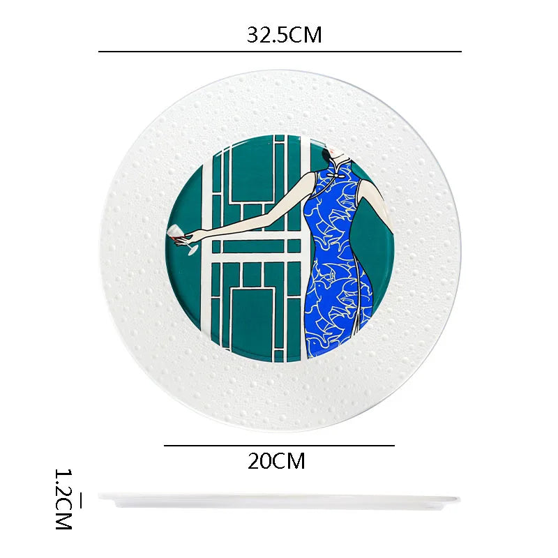 Geometric Pattern Ceramic Plate with Illustration