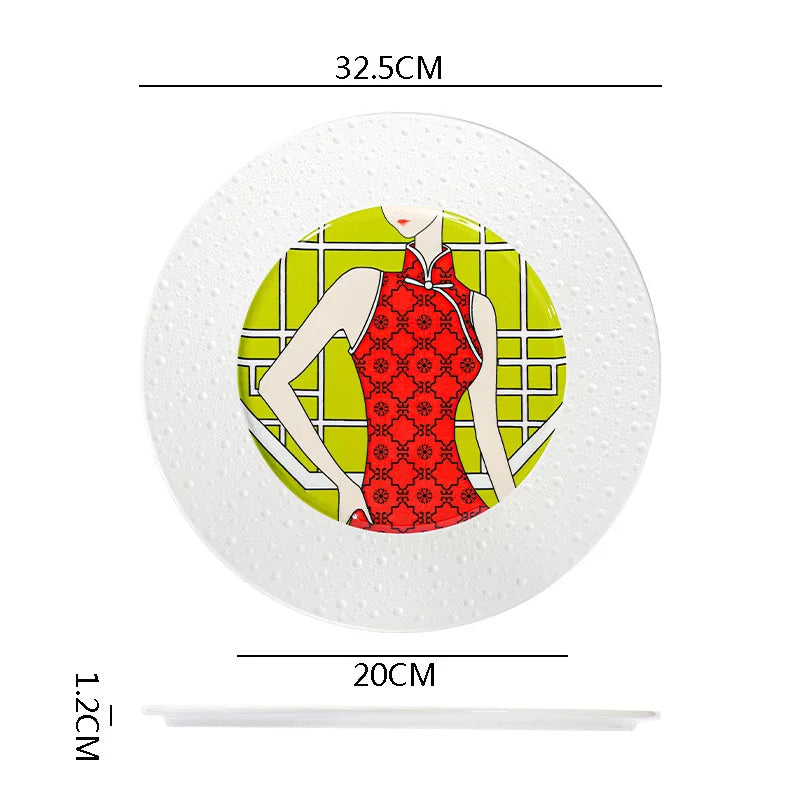 Geometric Pattern Ceramic Plate with Illustration