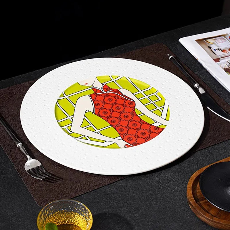 Geometric Pattern Ceramic Plate with Illustration