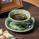 Green Reactive Glaze Ceramic Coffee Cup and Saucer, Round, Artisan Finish
