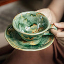 Green Reactive Glaze Ceramic Coffee Cup and Saucer, Round, Artisan Finish