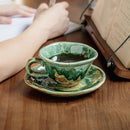 Green Reactive Glaze Ceramic Coffee Cup and Saucer, Round, Artisan Finish