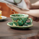 Green Reactive Glaze Ceramic Coffee Cup and Saucer, Round, Artisan Finish