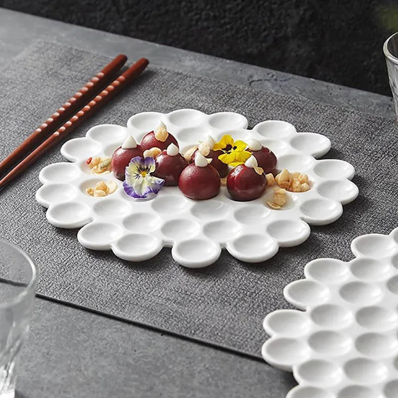 Innovative White Ceramic Plate with Honeycomb Design