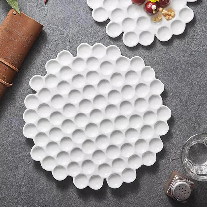 Innovative White Ceramic Plate with Honeycomb Design