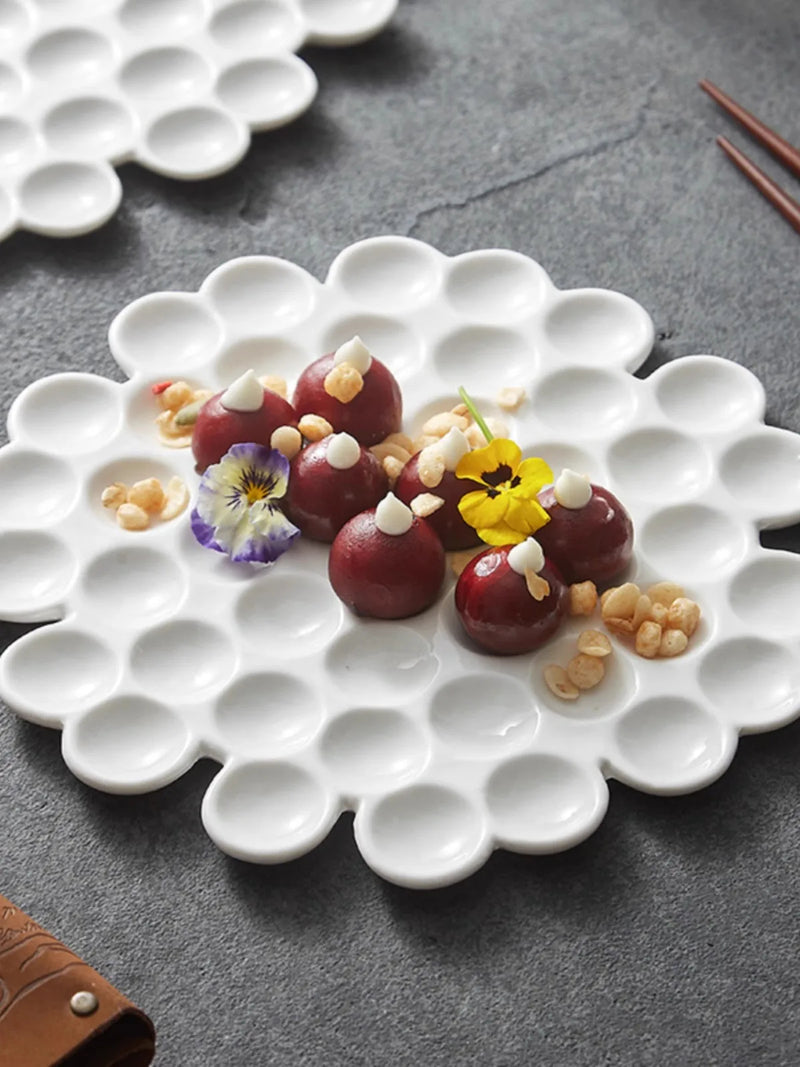 Innovative White Ceramic Plate with Honeycomb Design