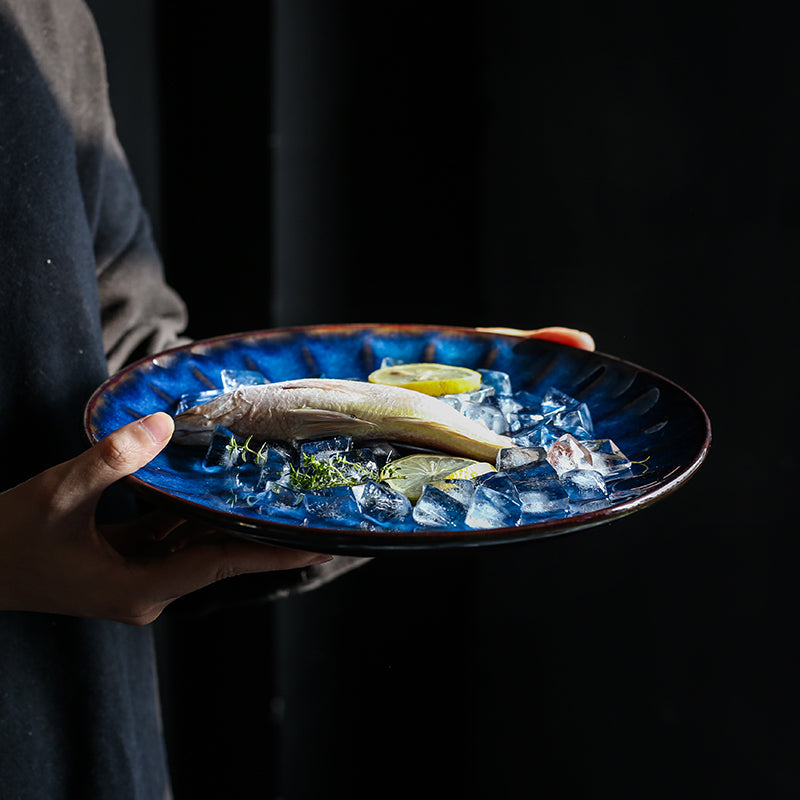 Japanese Artisanal Blue Ceramic Dinner Plate