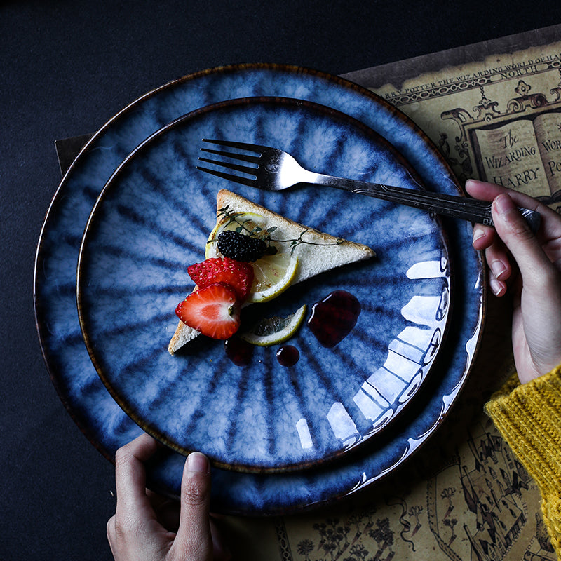 Japanese Artisanal Blue Ceramic Dinner Plate