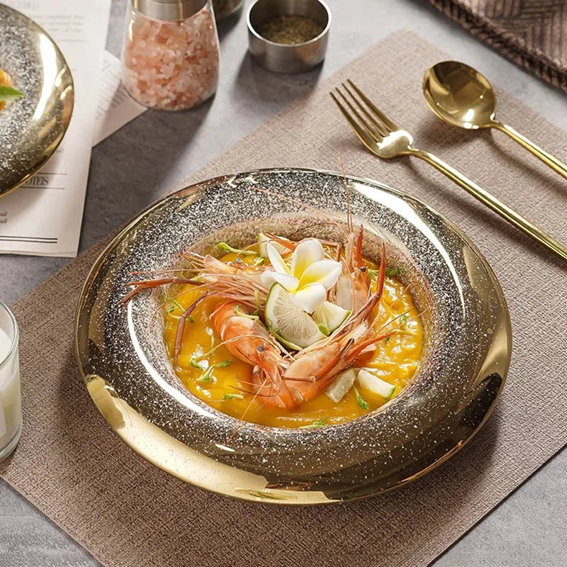 Luxurious Gold Speckled Ceramic Plate for Elegant Dining