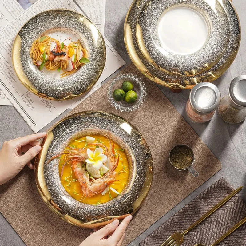 Luxurious Gold Speckled Ceramic Plate for Elegant Dining