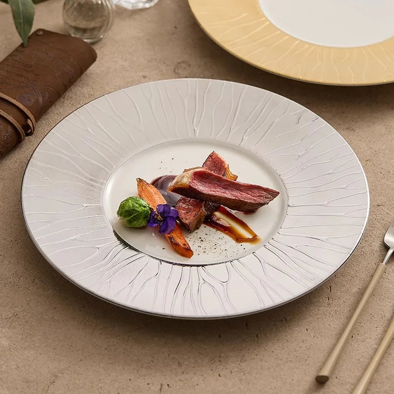Plates With Rim Luxury Ceramic Dinner Dish with Gold Rim and Textured Finish