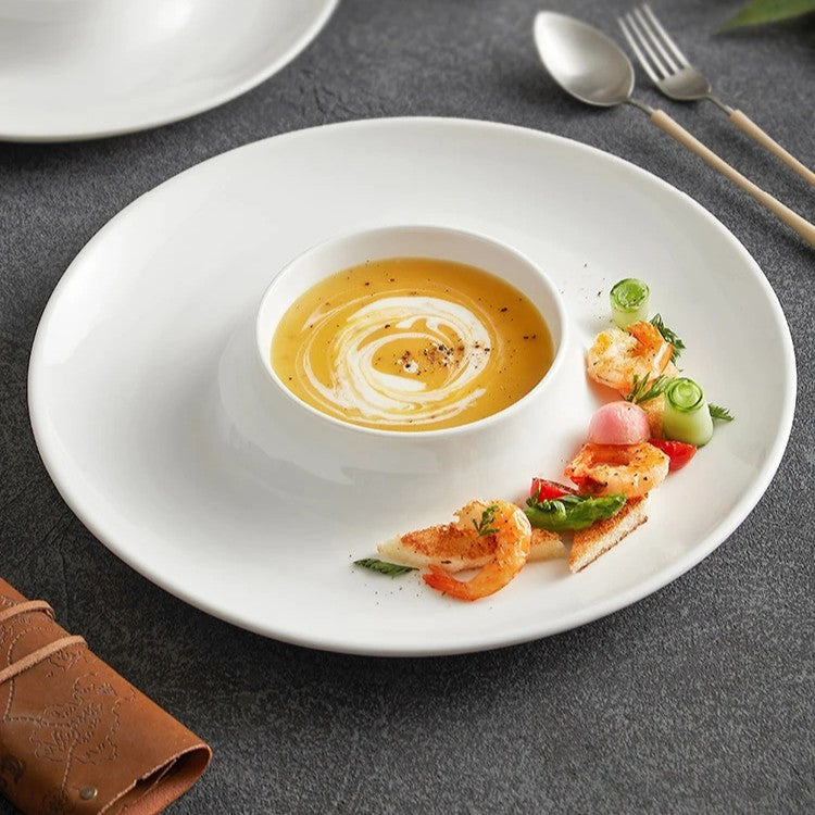Modern White Soup & Tasting Plate with Integrated Bowl Center