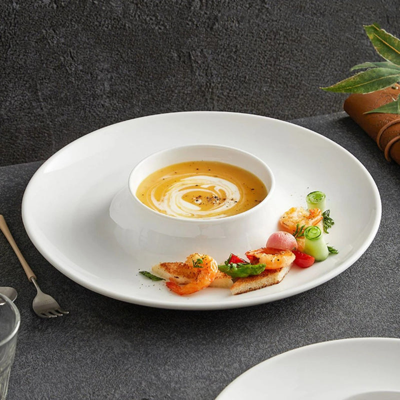 Modern White Soup & Tasting Plate with Integrated Bowl Center
