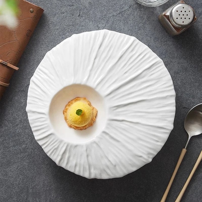 Modern White Textured Gourmet Plate with Recessed Centre
