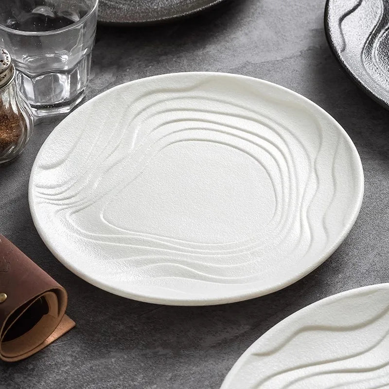 Ripple Textured White Ceramic Plate