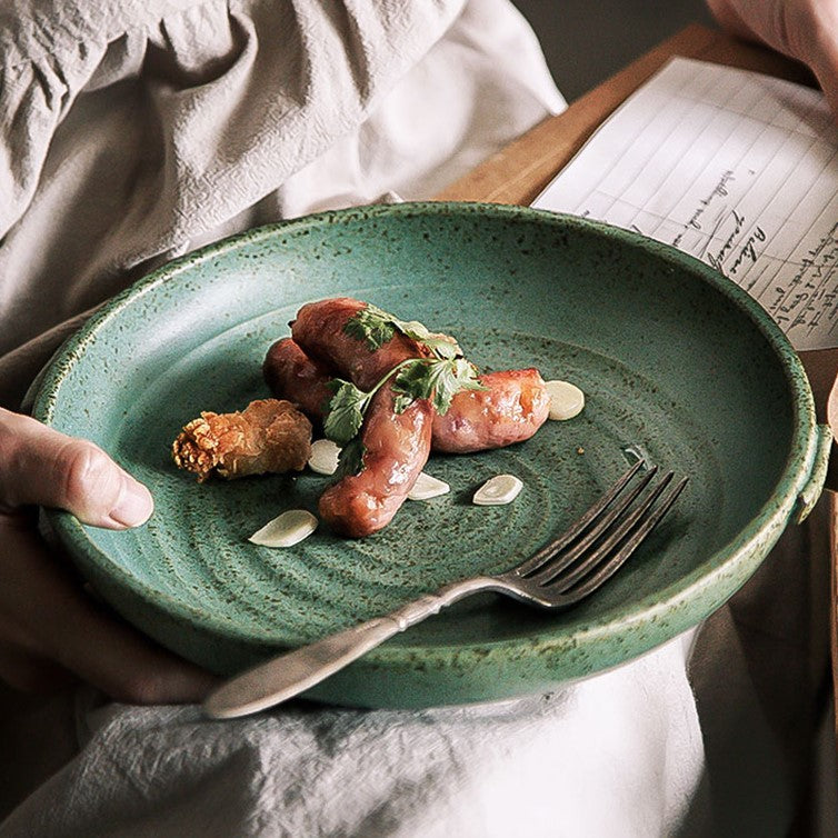 Rustic Round Ceramic Plate with Handles