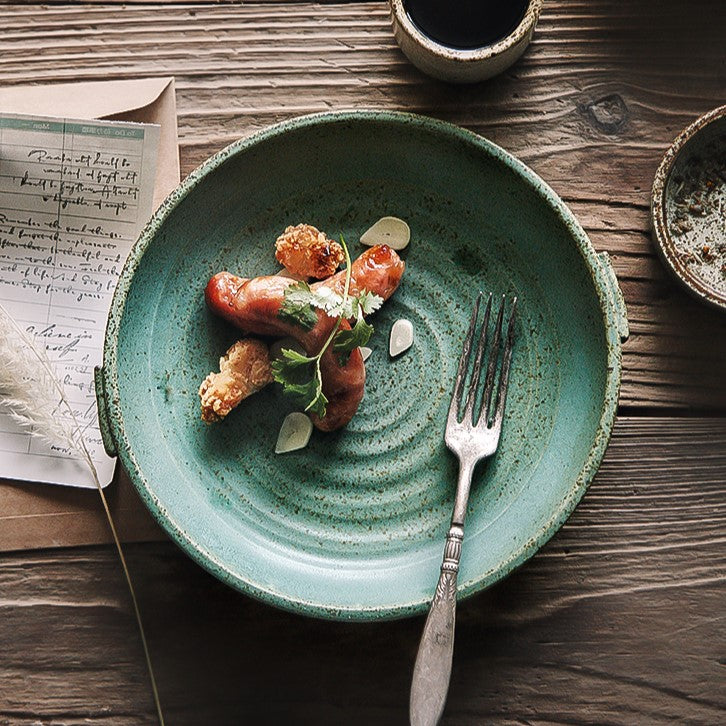 Rustic Round Ceramic Plate with Handles