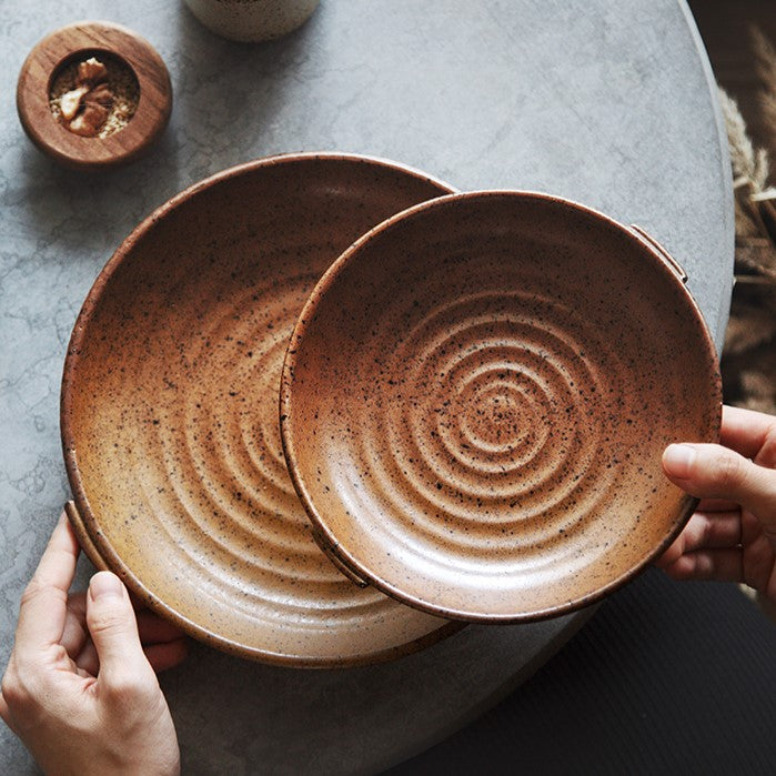 Rustic Round Ceramic Plate with Handles