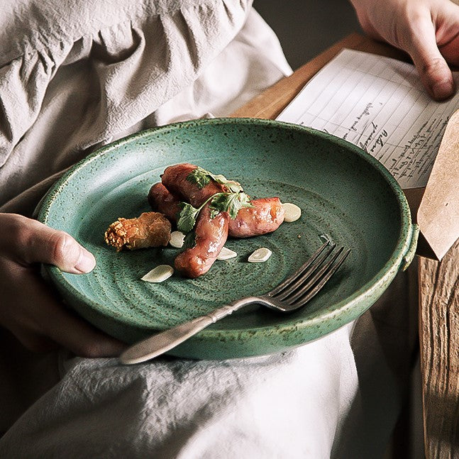 Rustic Round Ceramic Plate with Handles