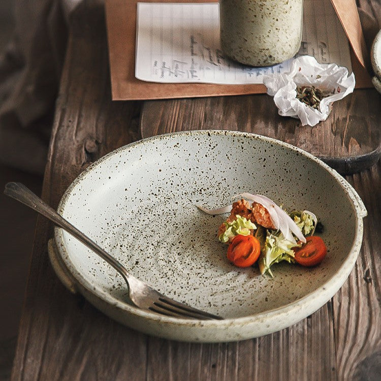 Rustic Round Ceramic Plate with Handles