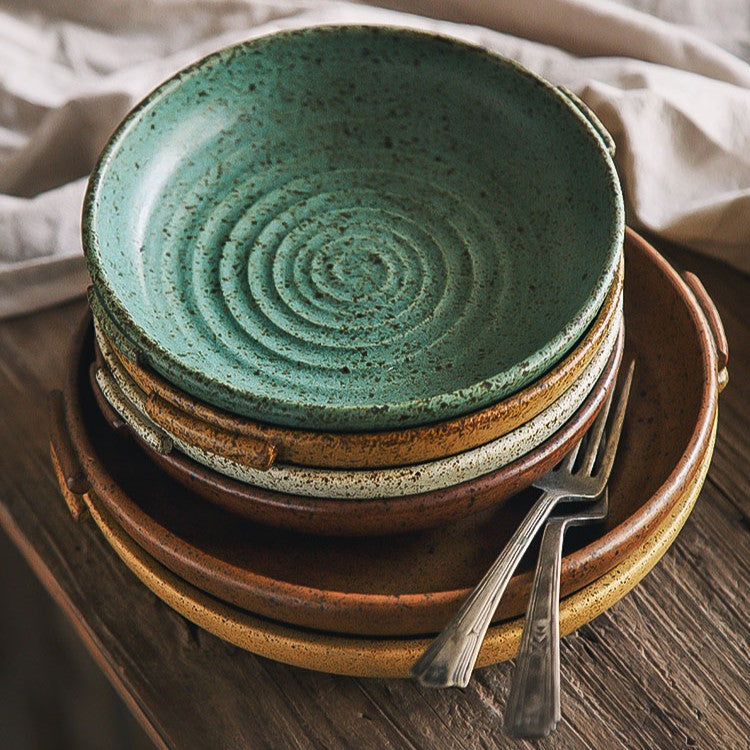 Rustic Round Ceramic Plate with Handles