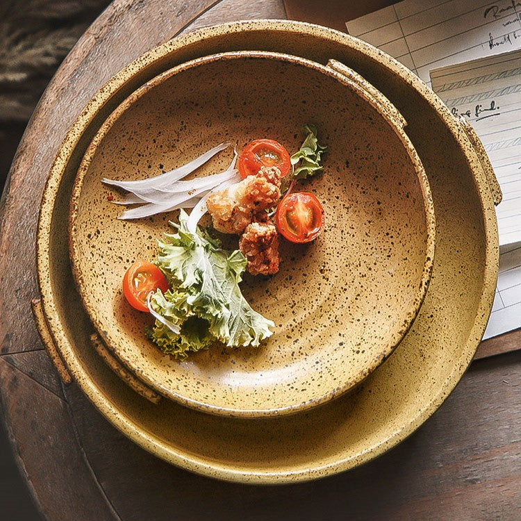 Rustic Round Ceramic Plate with Handles