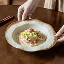 Rustic White Ceramic Pasta Bowl with Brown Rim
