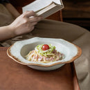 Rustic White Ceramic Pasta Bowl with Brown Rim