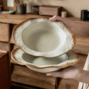 Rustic White Ceramic Pasta Bowl with Brown Rim
