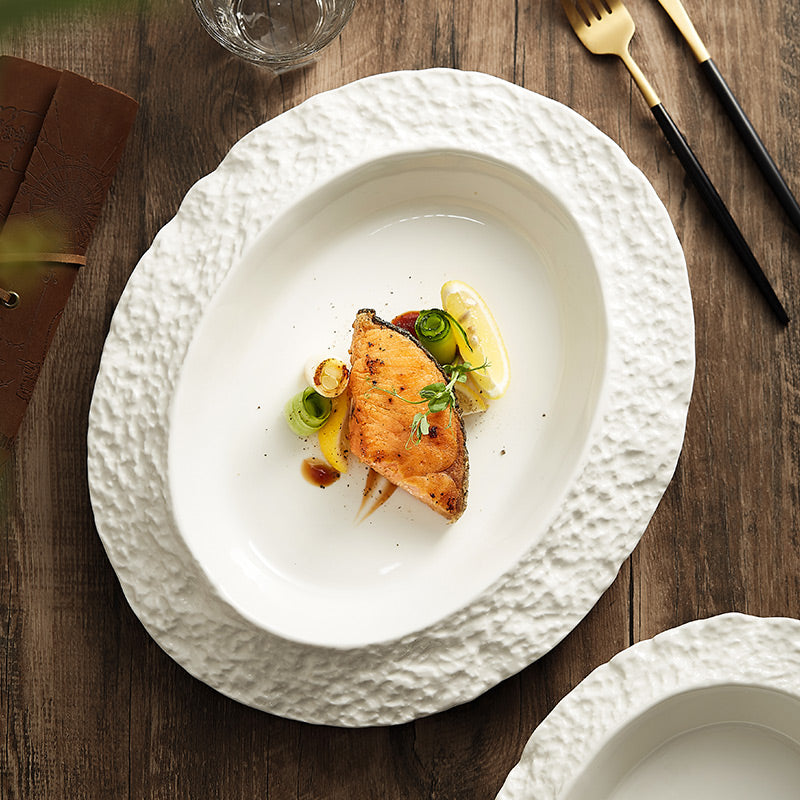 Textured Oval Ceramic Plate- Modern Dinnerware