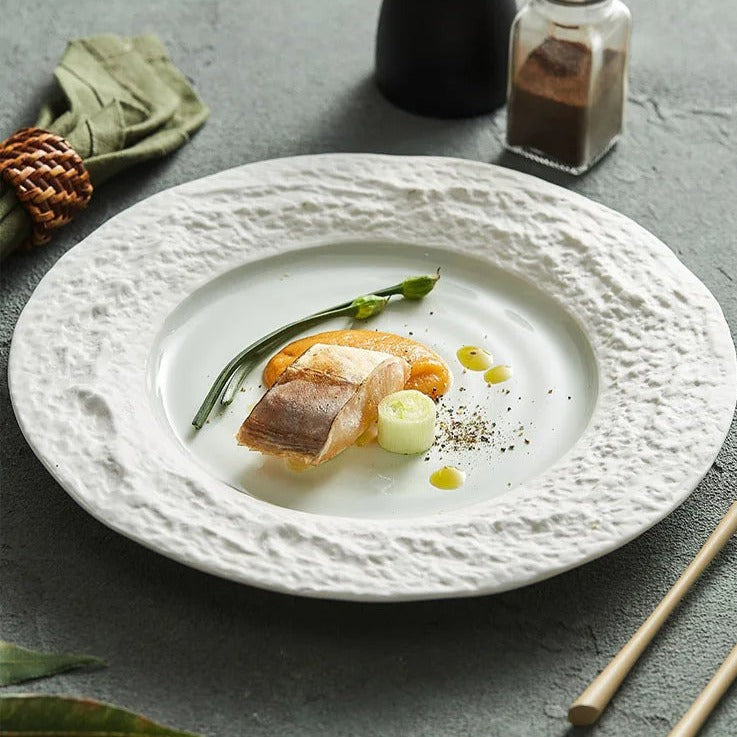 Textured Rim White Ceramic Dinner Plate