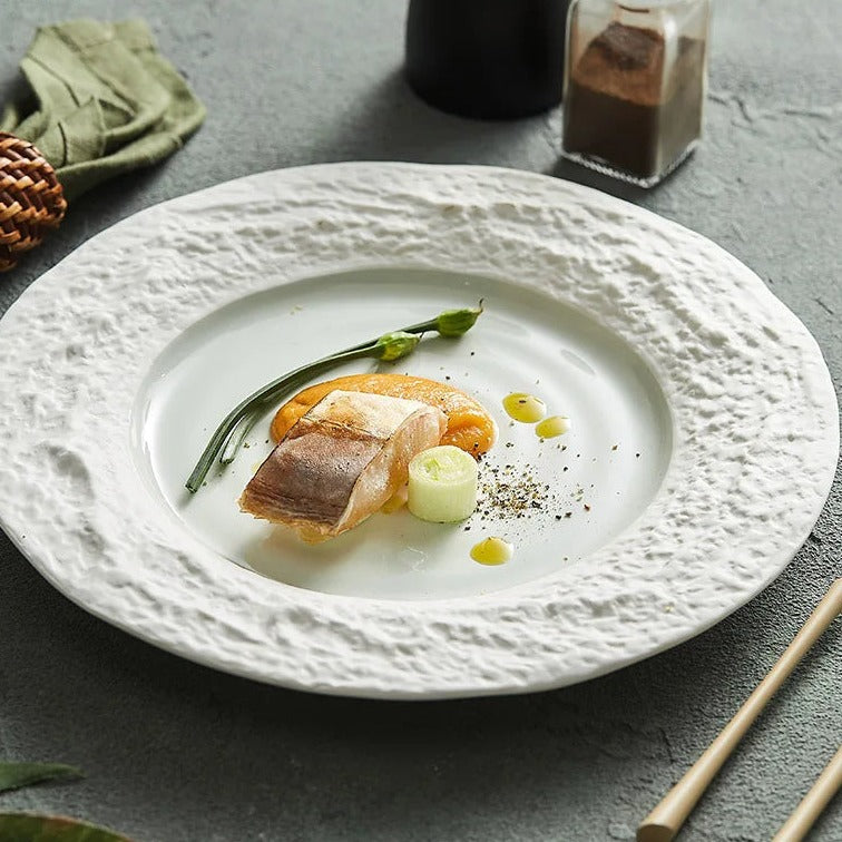 Textured Rim White Ceramic Dinner Plate