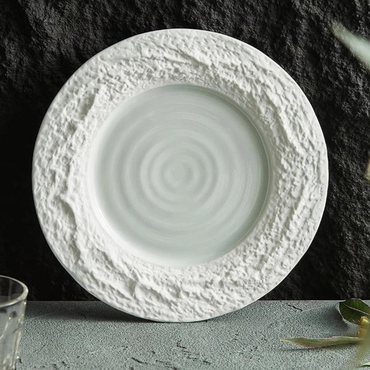 Textured Rim White Ceramic Dinner Plate