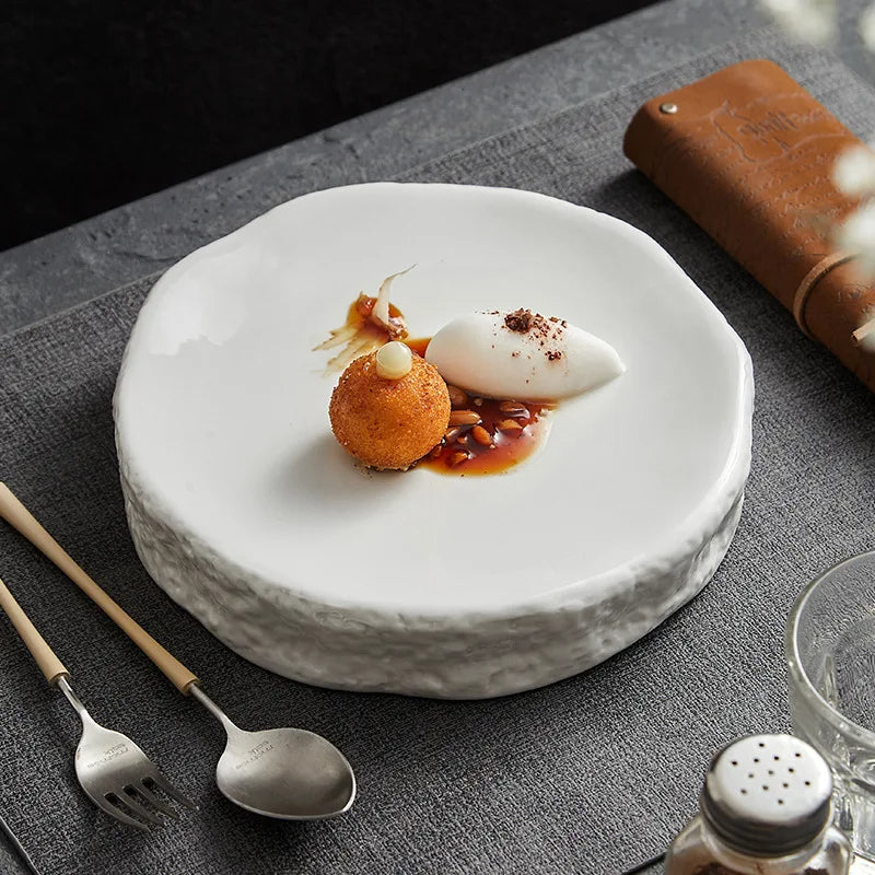 Textured White Ceramic Dinner Plate - Rustic Modern Tableware